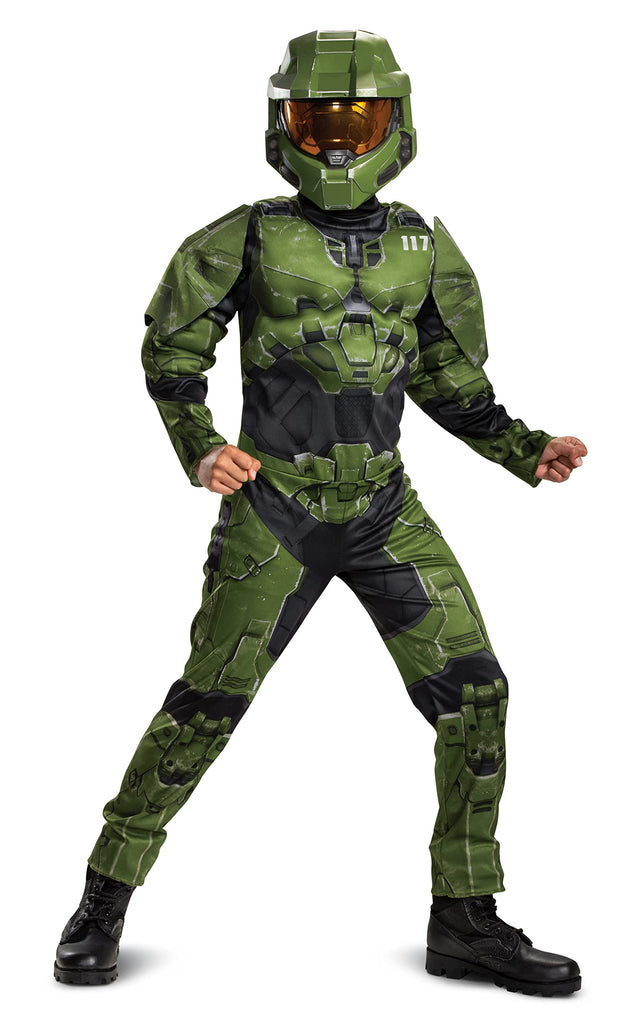 Halo Master Chief Infinate Muscle Boys Costume, Green & Black, Medium (7-8) - Large (10-12) / Green & Black #0
