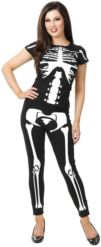 Womens Sexy Black and White Skeleton Leggings and T-Shirt Costume Set