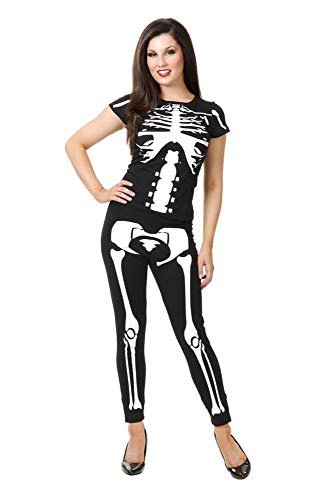 Womens Sexy Black and White Skeleton Leggings and T-Shirt Costume Set - Medium