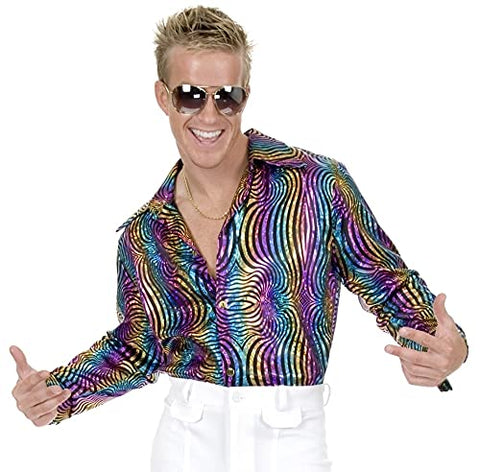 Charades Men's Swirl Disco Shirt, Rainbow Glitter, Medium