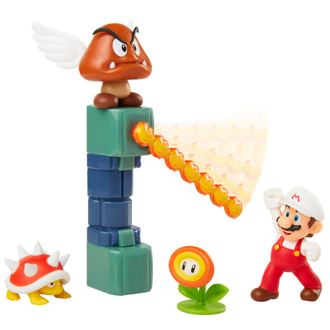 Nintendo Super Mario Lava Castle 2.5" Figure Diorama Play Set, Includes: Fire Mario, Spiny, & para Goomba, Mechanical Spinning Fireballs, Block & Fire Flower