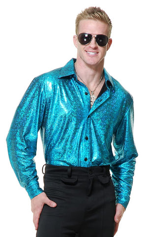 Charades Men's Crocodile Skin Disco Shirt, Turquoise, Large