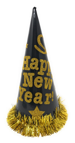 Happy New Year Paper Glitter Cone Hat with Tinsel Trim - Gold