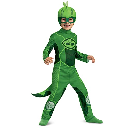 Gekko Costume for Kids, Official PJ Masks Megasuit Costume Jumpsuit and Mask, Toddler Size Medium (3T-4T)