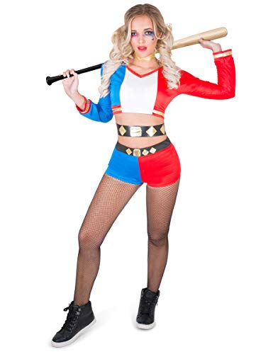 Sexy Harlequin Villain Costume - Halloween Super Rebel Girl, Red Blue, X-Large