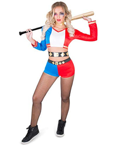 Sexy Harlequin Villain Costume - Halloween Super Rebel Girl, Red Blue, X-Large