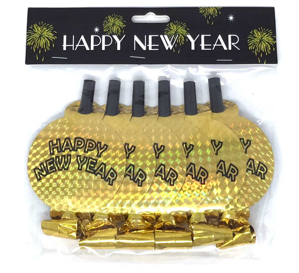 Gold Metallic Happy New Year Round Blowouts - 6 ct