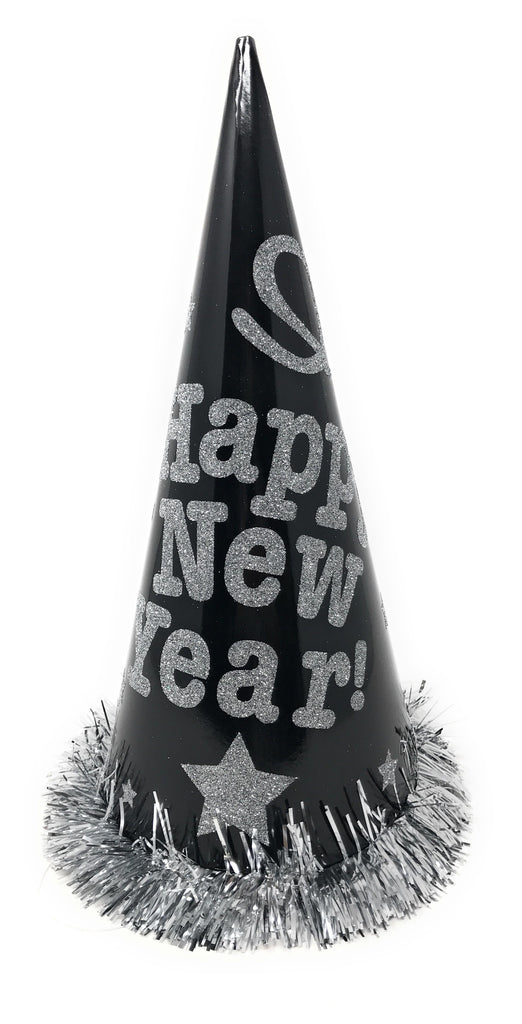 Happy New Year Paper Glitter Cone Hat with Tinsel Trim - Siver