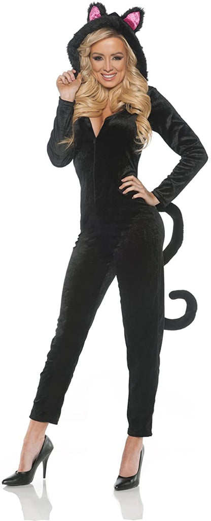 Women's Hooded Black Cat Jumpsuit with Tail Costume