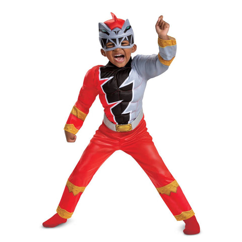 Red Ranger Toddler Size Muscle Costume, Official Power Rangers Dino Fury Outfit with Mask, Toddler Size Medium (3T-4T)