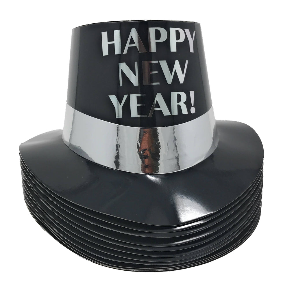 Black Happy New Year Paper Hats With Silver Lettering