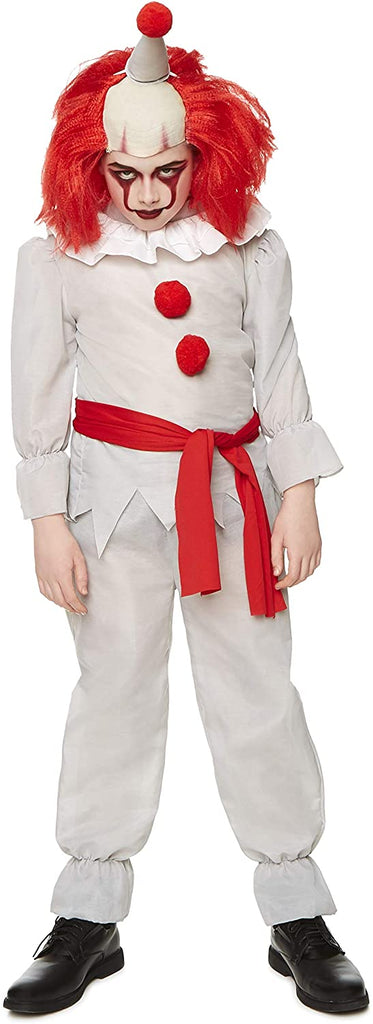Killer Clown Costume - Halloween Kids Scary Horror Evil Villain Outfit, White, Red