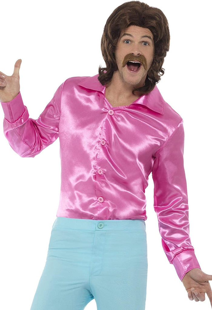 Mens 60s 70s Groovy Dude Pink Disco Shirt Costume