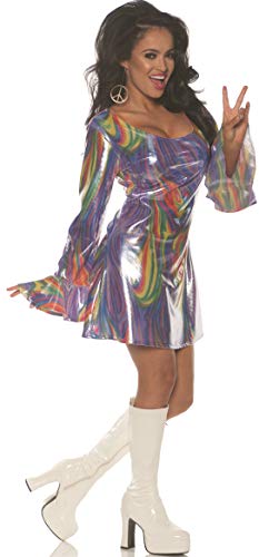 Shakin' Women's Costume A 70's Disco Inspired Colorful and Shiny Holographic Long Sleeve Mini Dress with Bell Sleeves
