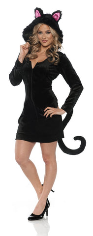 Women's Hooded Black Cat Costume - Mini Dress w/Tail, Large