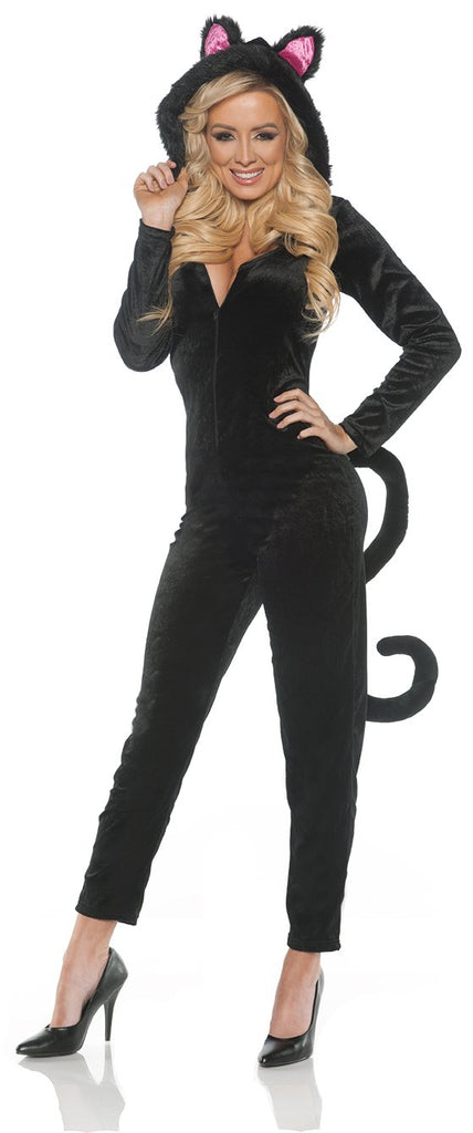 Women's Hooded Black Cat Jumpsuit with Tail Costume - Medium