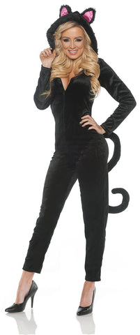 Women's Hooded Black Cat Jumpsuit with Tail Costume - Medium