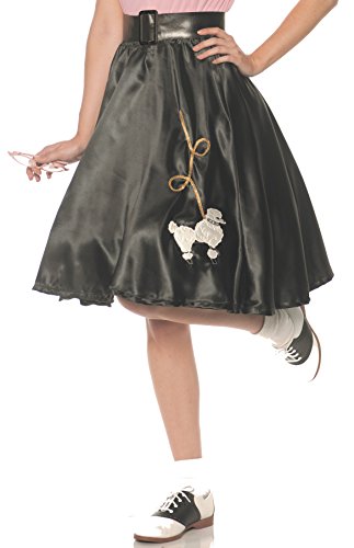 Satin Poodle Skirt - Black A 1950's Inspired Style Satin Elastic Waist Skirt with Embroidered Poodle Patch
