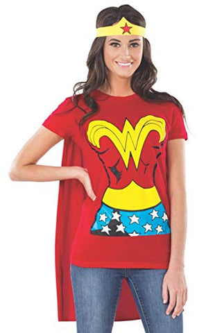 Rubie's Women's Standard DC Comics Wonder Woman T-Shirt with Cape and Headband, Red, Small