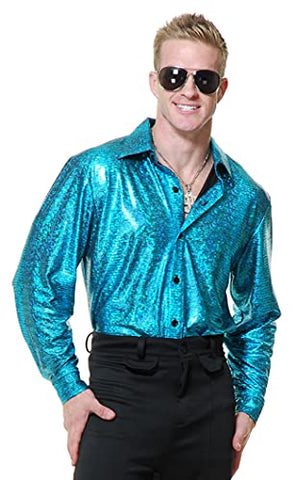Charades Men's Crocodile Skin Disco Shirt, Turquoise, Medium