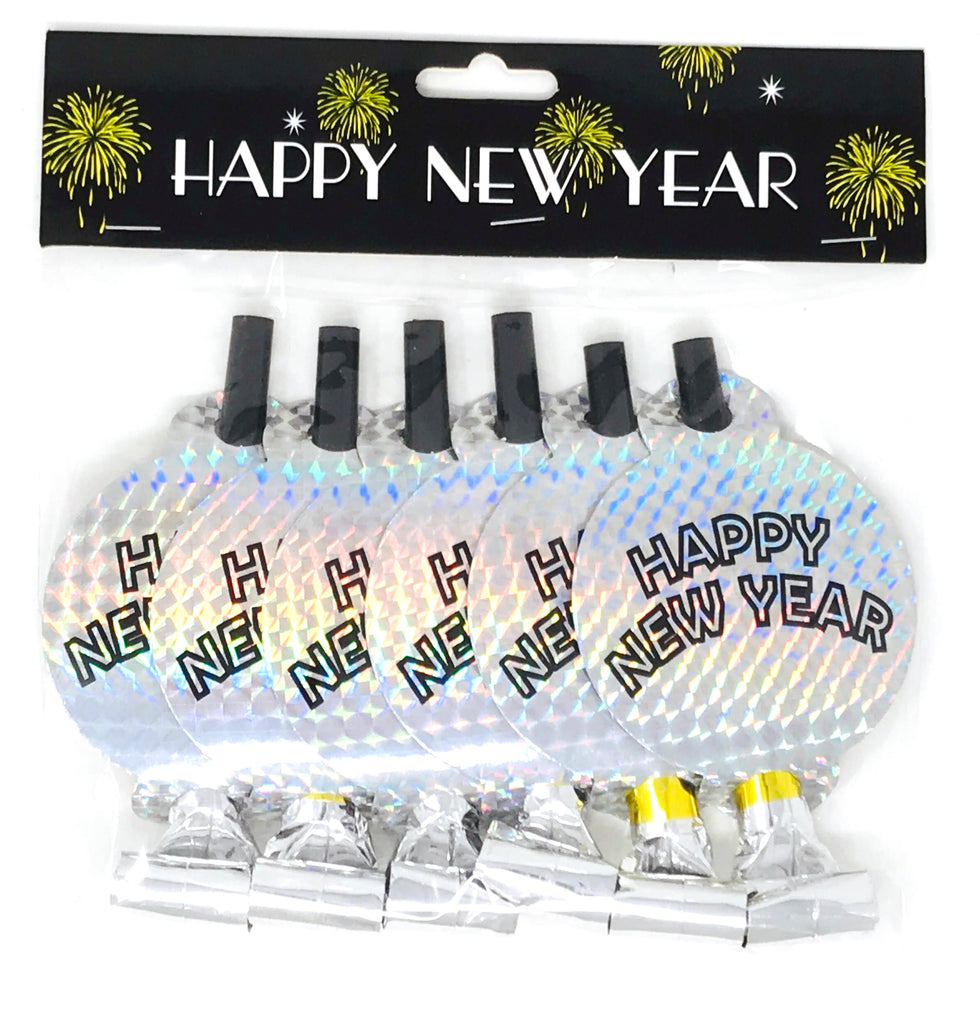 Silver Metallic Happy New Year Round Blowouts - 6 ct