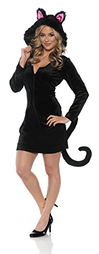 Women's Hooded Black Cat Costume - Mini Dress w/Tail, Small