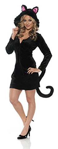 Women's Hooded Black Cat Costume - Mini Dress w/Tail, Medium