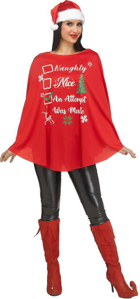 Holiday Party Red Poncho Women's Naughty Nice Christmas Adult Costume One Size